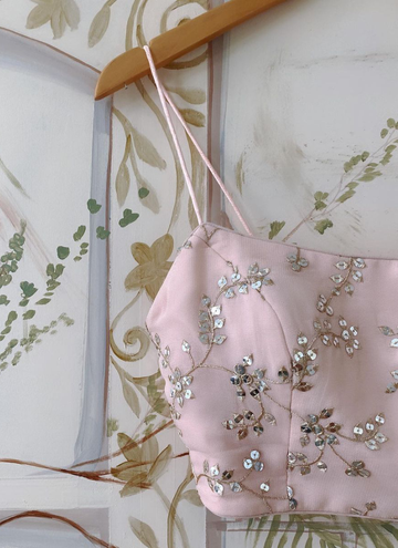 Peachish pink Soft georgette lehenga with thread sequin work.